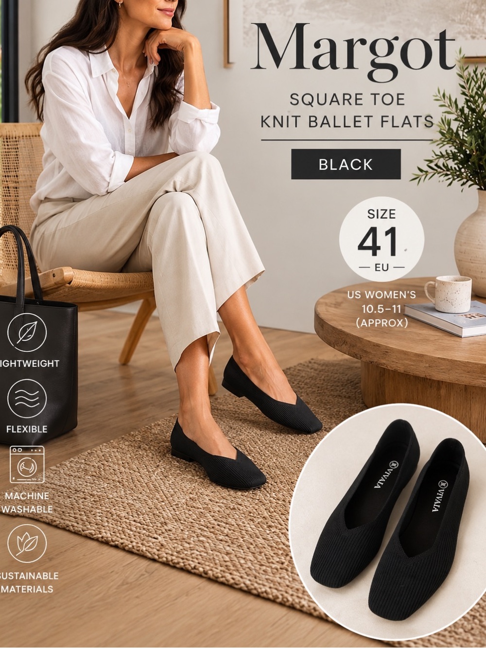 VIVAIA Margot 2.0 Black Square Toe V-Cut Knit Ballet Flats EU 42 US 10.5-11